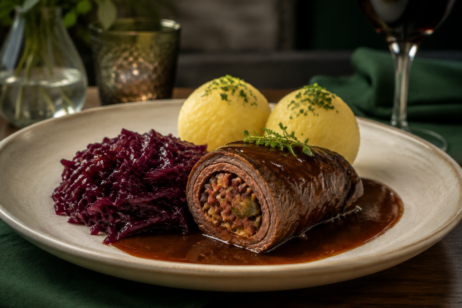 Rinderroulade mit Rotkohl und Kartoffelklößen